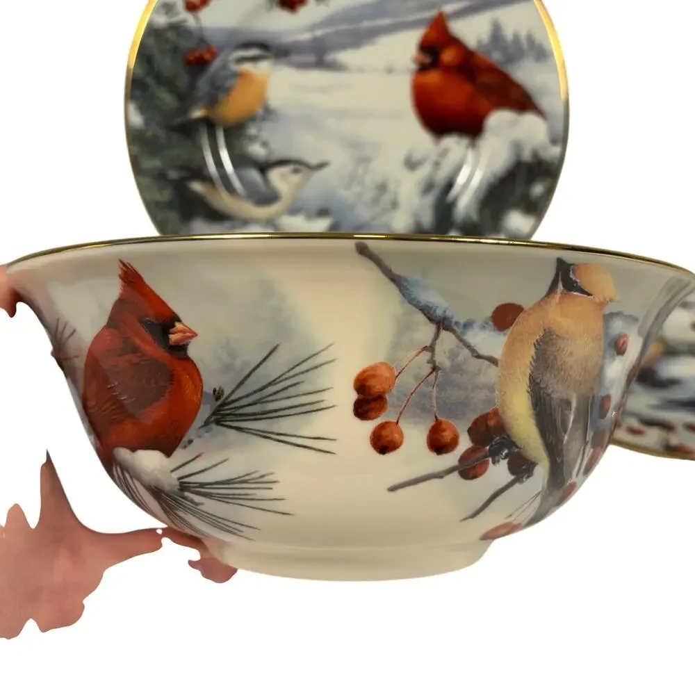 Lenox Winter Greetings Scenic Cardinal Waxwing Birds Serving Plates Bowl Set 3